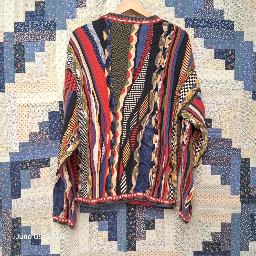 Vintage 90s Tosani 3D Knit Sweater Coogi Style Multi Color Textured Large Cotton - Picture 3 of 9